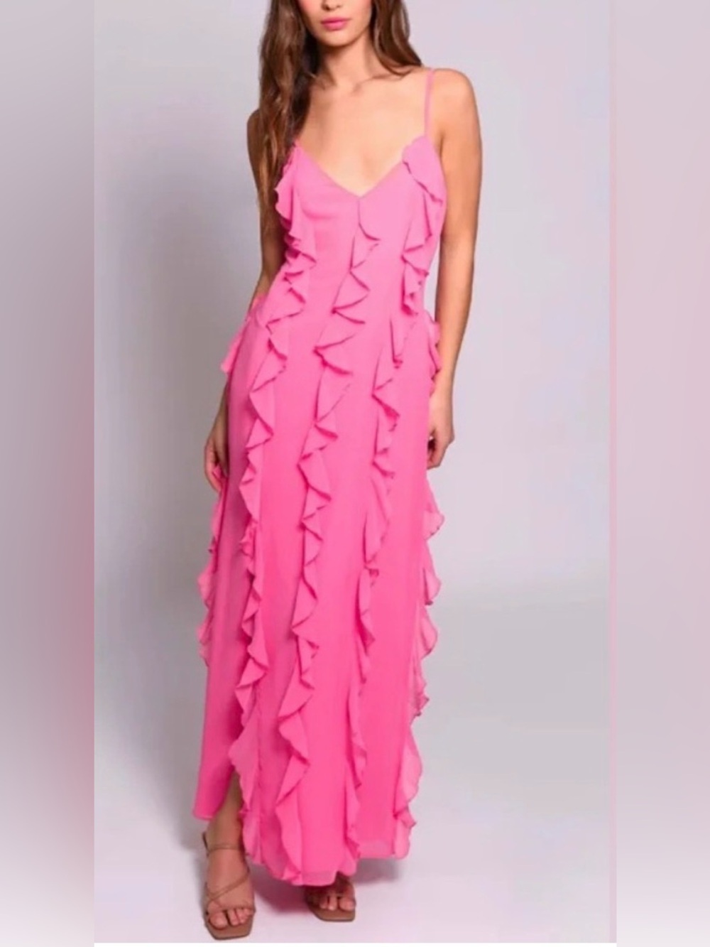 Hutch Bright Pink Ruffle-Trim Maxi Dress